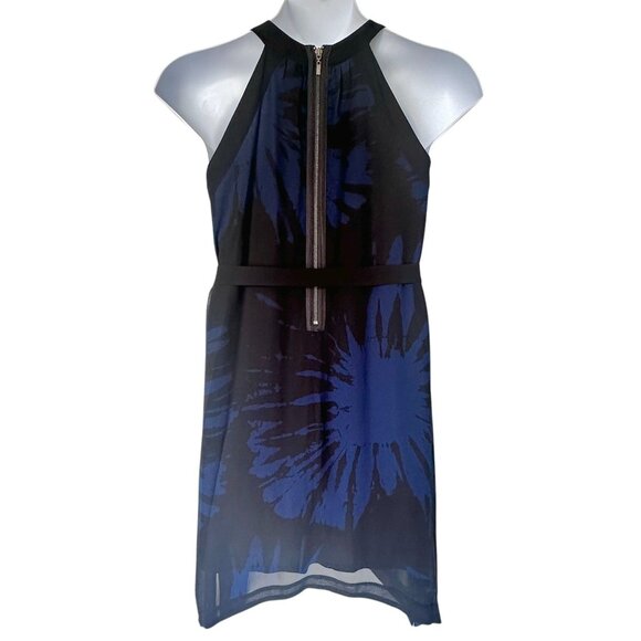Kensie Abstract Print Halter Neck Asymmetrical Mini Dress Blue Black S Belted - Picture 3 of 8